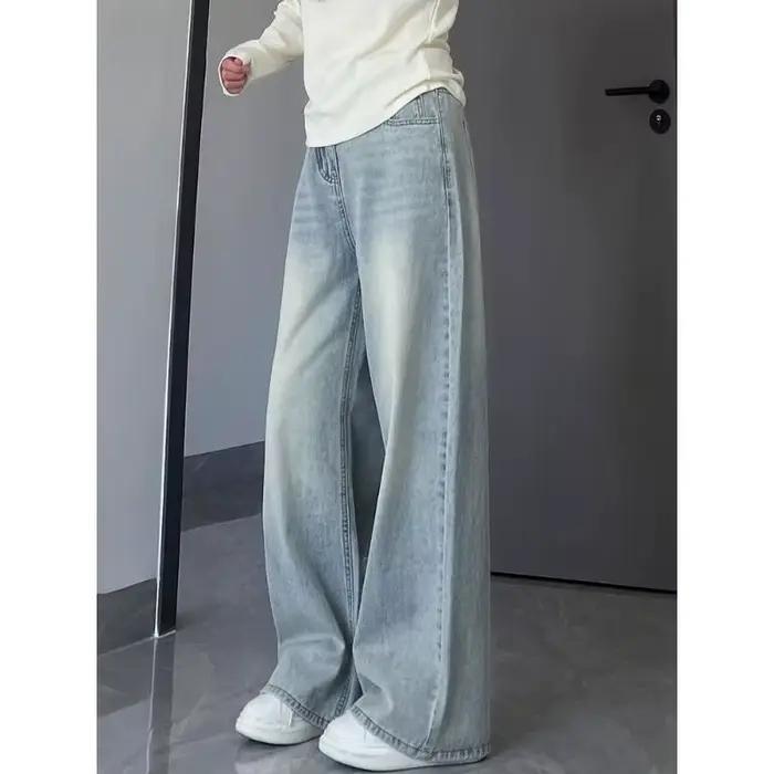 Jean large délavé taille haute pour femme
