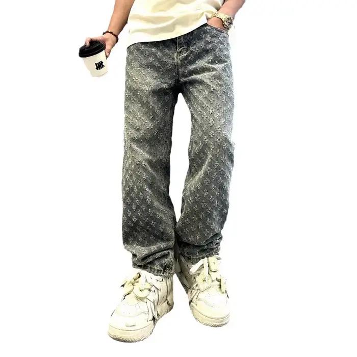 Pantalon en jean à motif jacquard pour homme, coupe droite, style baggy, effet usé, jean large pour homme, confort inégalé, style unique, durable, robuste, adapté à toutes les saisons, pour hommes seniors, HIGH STREET, printemps et automne, quotidien
