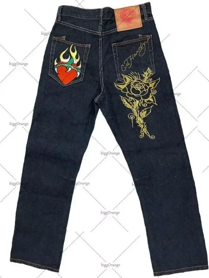 Jean pour hommes Streetwear Y2K Vintage jambe droite Denim pantalon crâne Rose flamme impression conception coupe ample rétro Punk Hip Hop mode