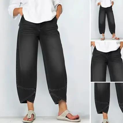 Jean ample à jambe large décontracté pour femmes, confortable, coupe haute, printemps-automne, toile coton-polyester, poches pratiques, idéal pour toutes occasions décontractées