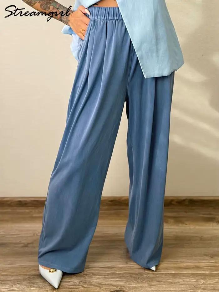Été mince Lyocell jean femmes taille élastique glace soie jambe large Denim pantalon rose Baggy
