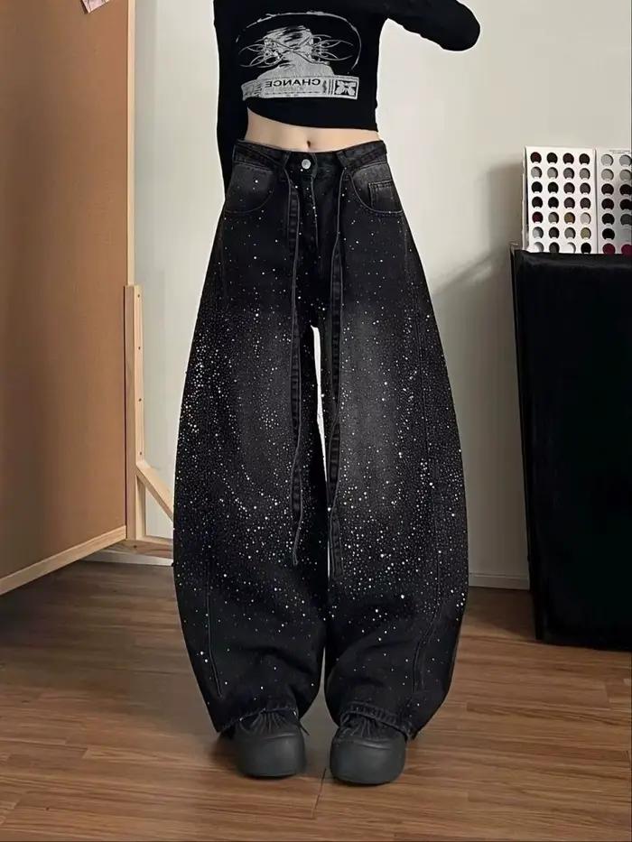 Jean en denim noir rétro américain pour femme