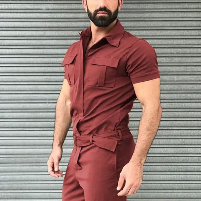 Salopette homme décontracté Streetwear poche couleur unie manches courtes + pantalon combinaison mode loisirs travail