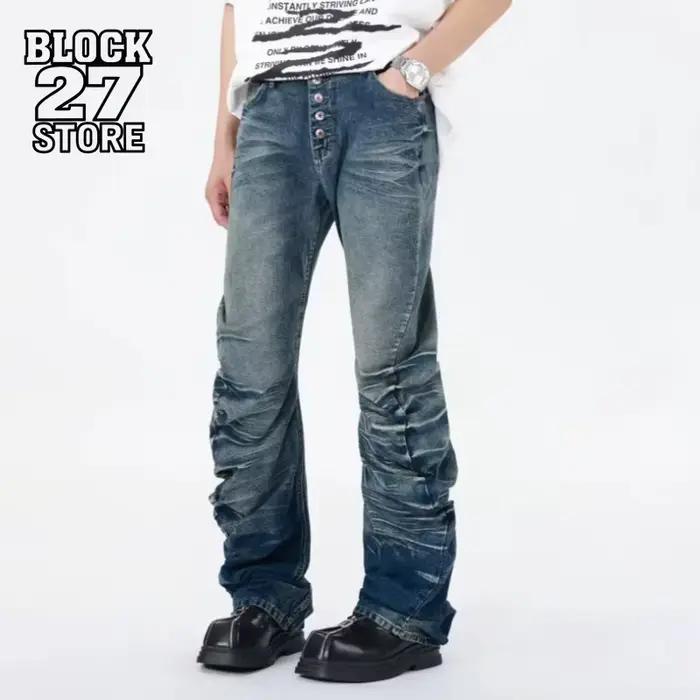 Jeans pour hommes Harajuku Streetwear américain Denim délavé avec boutons Design plissé Pantalons