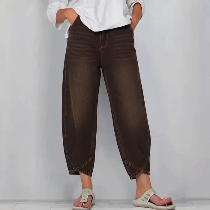Jean ample à jambe large décontracté pour femmes, confortable, coupe haute, printemps-automne, toile coton-polyester, poches pratiques, idéal pour toutes occasions décontractées