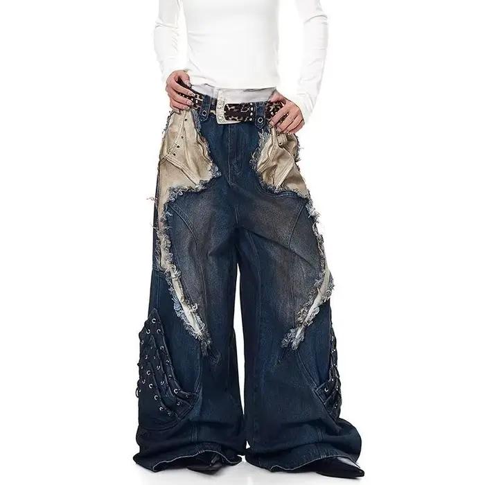 Pantalon baggy en denim coton-polyester style américain rétro pour femmes occasions toute l'année rock vintage