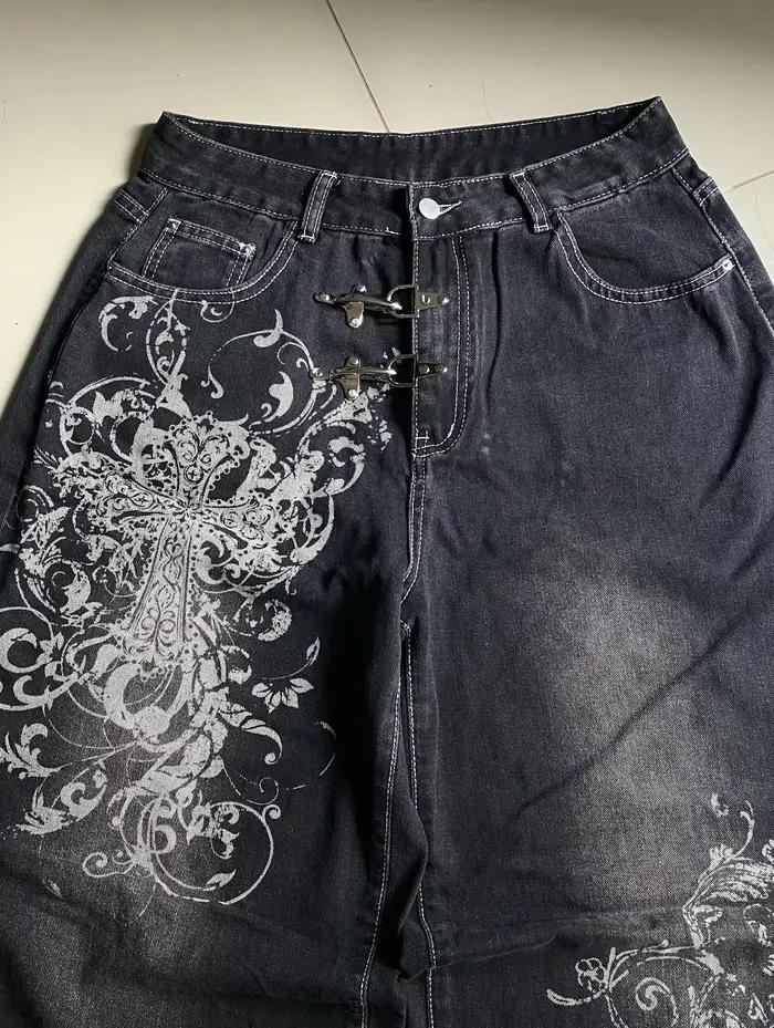 Jeans baggy vintage 2026 imprimé style Y2K Harajuku pantalon ample pour femmes junior all seasons polyester appliques non extensibles fermeture bouton volant style anglais