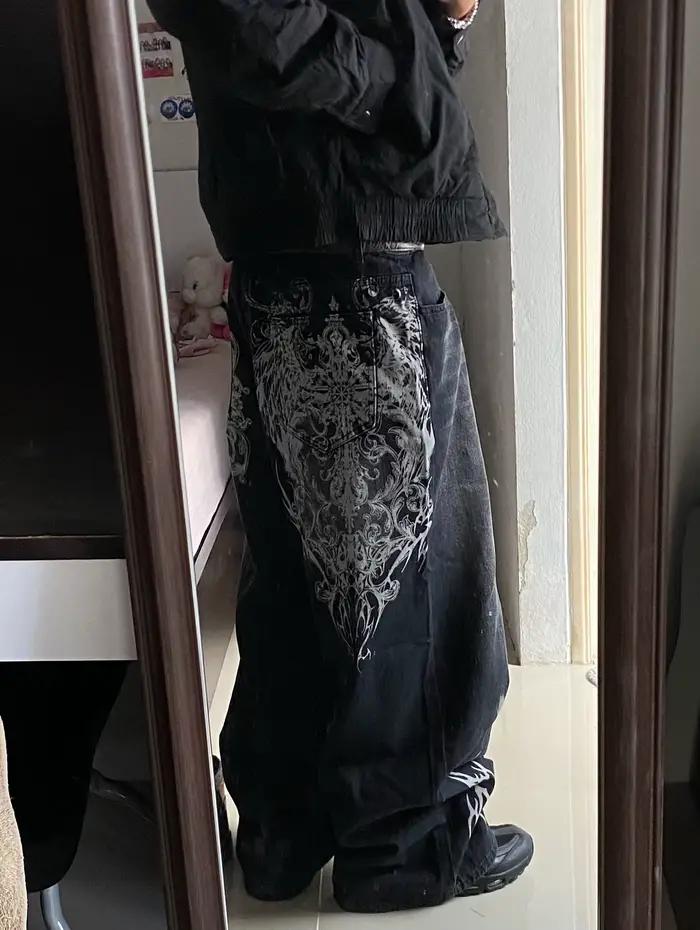 Jeans baggy noirs à imprimé vintage