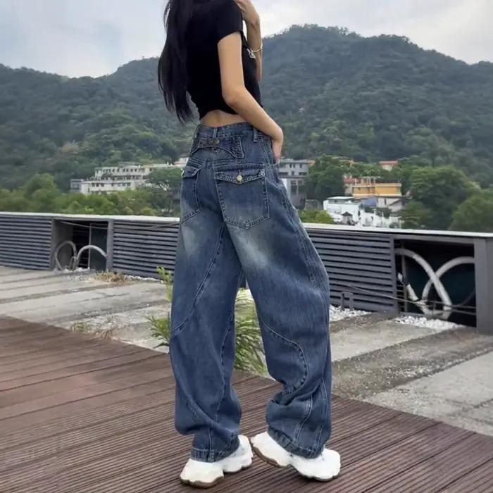 Jean taille haute à jambe large femme style streetwear automne vintage pour silhouette poire confort moderne occassions diverses