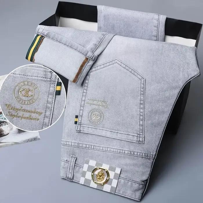 Jean Slim Taille Haute Coupe Droite Style Élégant Denim Gris Clair Occasionnels Printemps Automne Homme