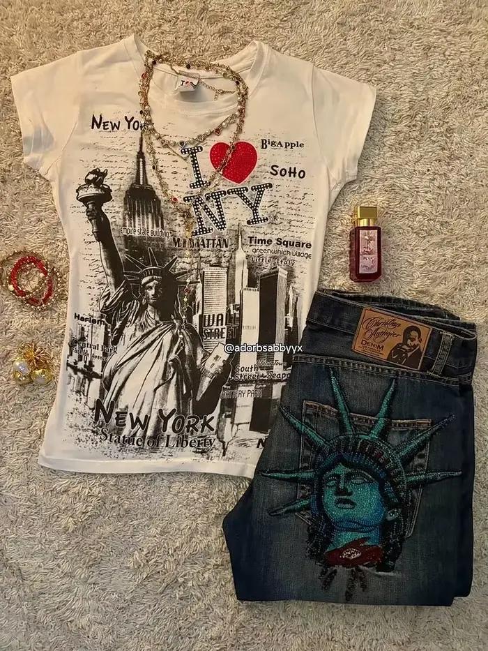 Vintage années 2000 Statue de la Liberté Jean Taille haute Baggy Pantalon