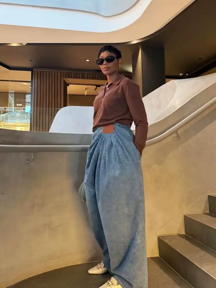 SHENGPALAE Jean large asymétrique en PU style européen et américain avec ceinture à nouer pour femme