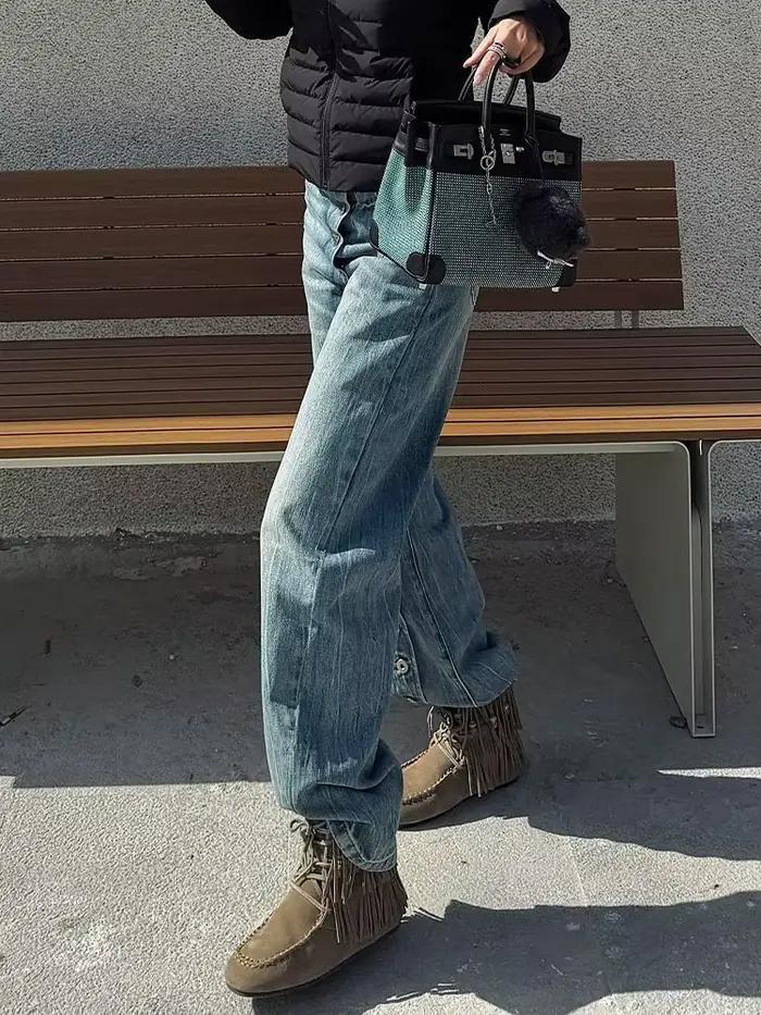 American Spice Girl Jeans Pantalon de sol rétro délavé avec patte inclinée et boutons pour enfants