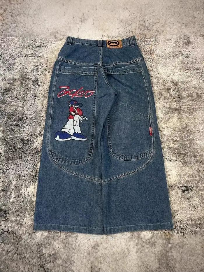 Jean Baggy à jambes larges avec broderie de dessin animé et poches imprimées graphiques – Y2K rétro Streetwear mode pour femmes