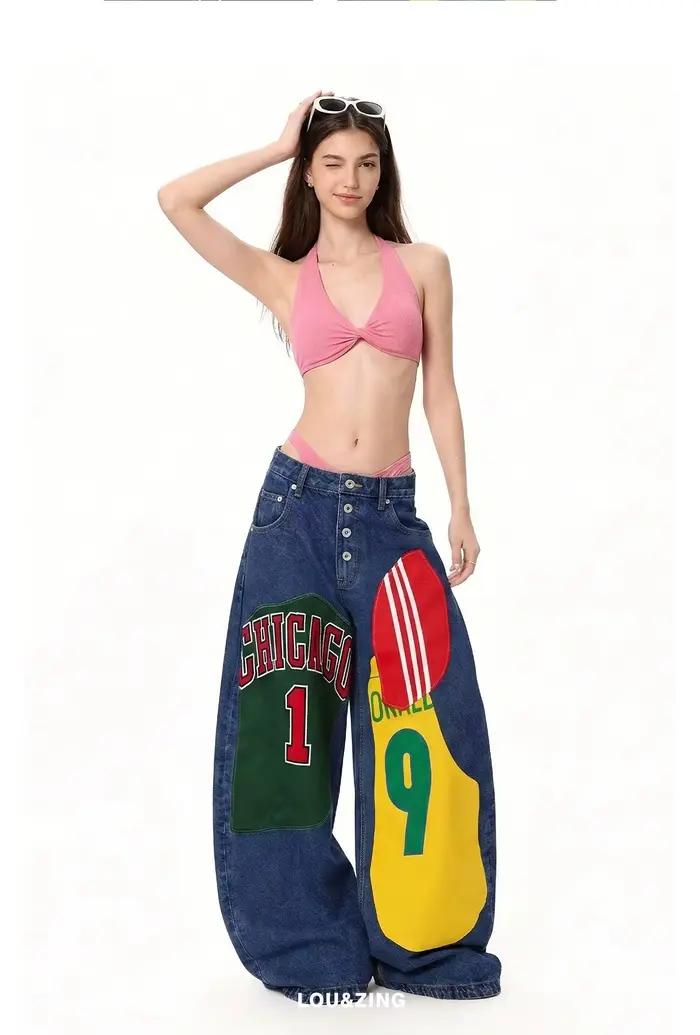 Jeans style américain grande taille imprimés tendance coupe large taille haute pour femmes y2k hip hop gothic casual trousers