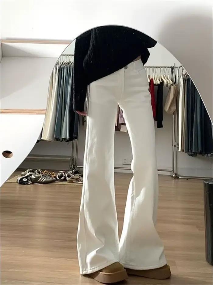 Pantalon en jean évasé Botvotee American Vintage White pour femmes, taille basse, non extensible, matériau coton-polyester, style décontracté, adapté pour toutes les saisons