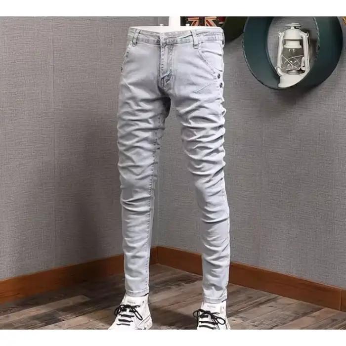 Créateur de mode hommes jean rétro gris Stretch mince déchiré
