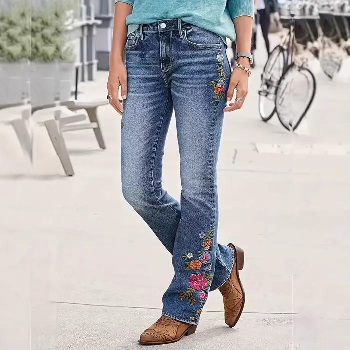 Jean femme coupe botte pantalon évasé Stretch taille moyenne broderie pleine longueur