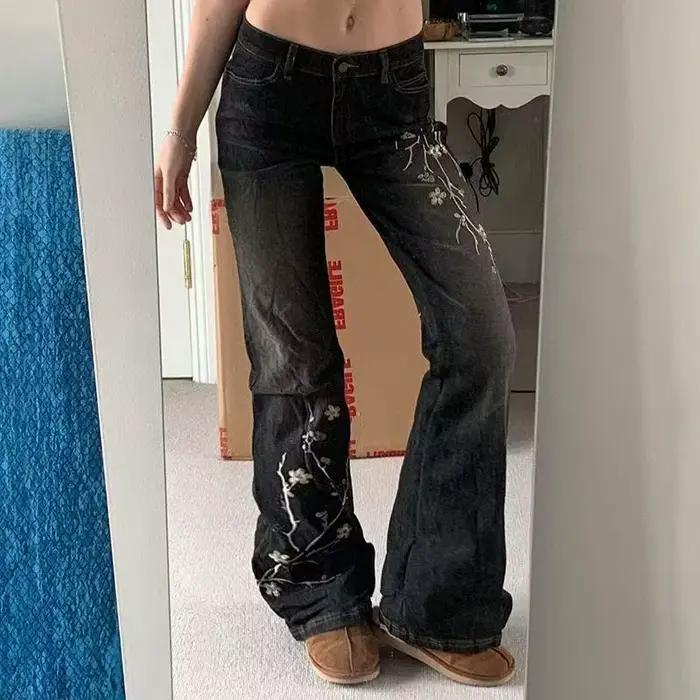 Jean Harajuku vintage évasé brodé de fleurs pour femmes style rétro y2k occassions spéciales
