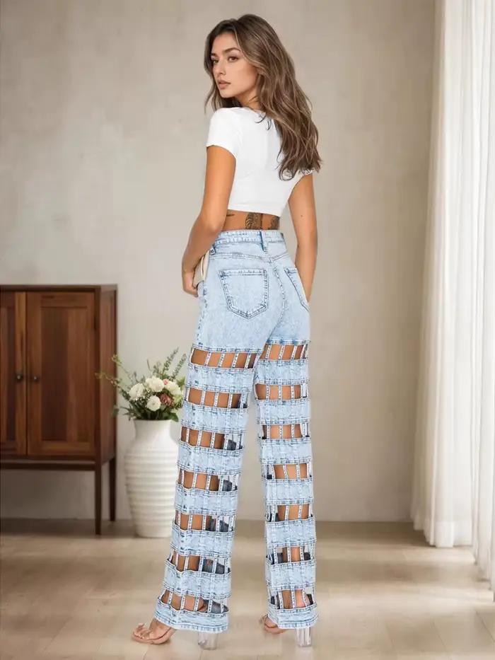 Mode évider Denim pantalon femme couleur unie taille haute jambe large jean