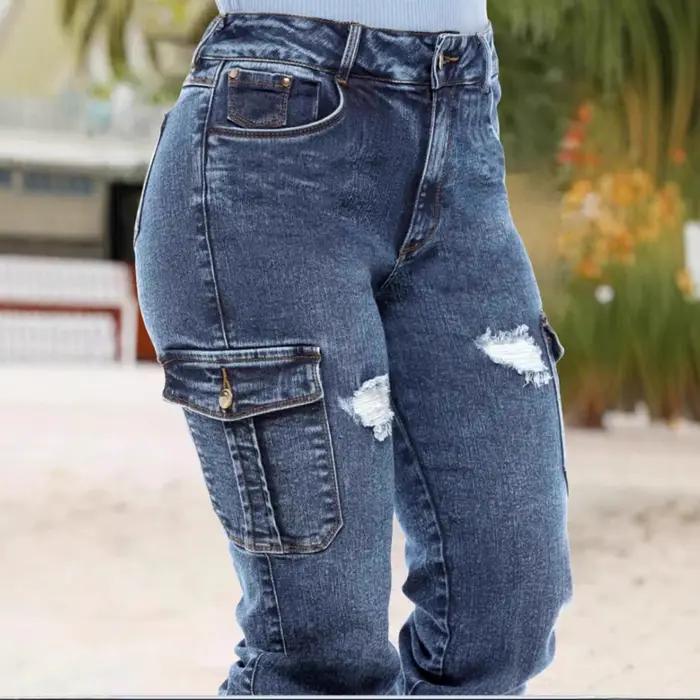 Femmes jean Streetwear poches épissé crayon pantalon coupe ajustée trous en détresse