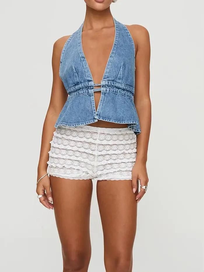 Gilet en denim pour femme, haut court avec col en V profond, style high street, été, coton et polyester, sans manches, dos ouvert, pour occasions estivales et streetwear