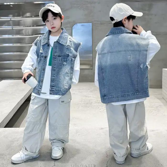 Gilet en Denim Déchiré à Motif Vintage pour Adolescent Garçon