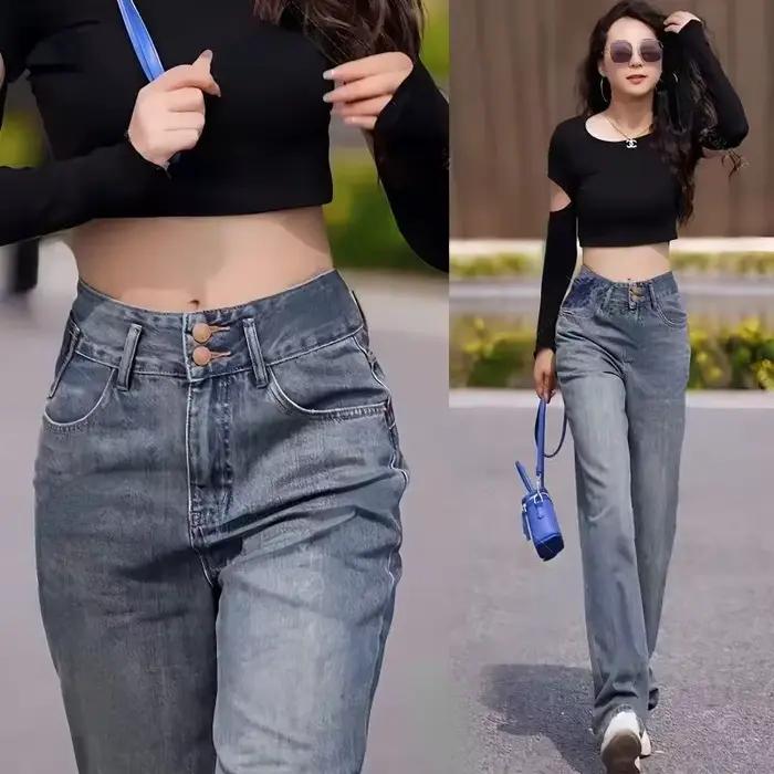 Jean Taille Haute Bleu Fj avec Poches pour Femme Polyvalent et Élégant Occasions Spéciales et Journées Courantes