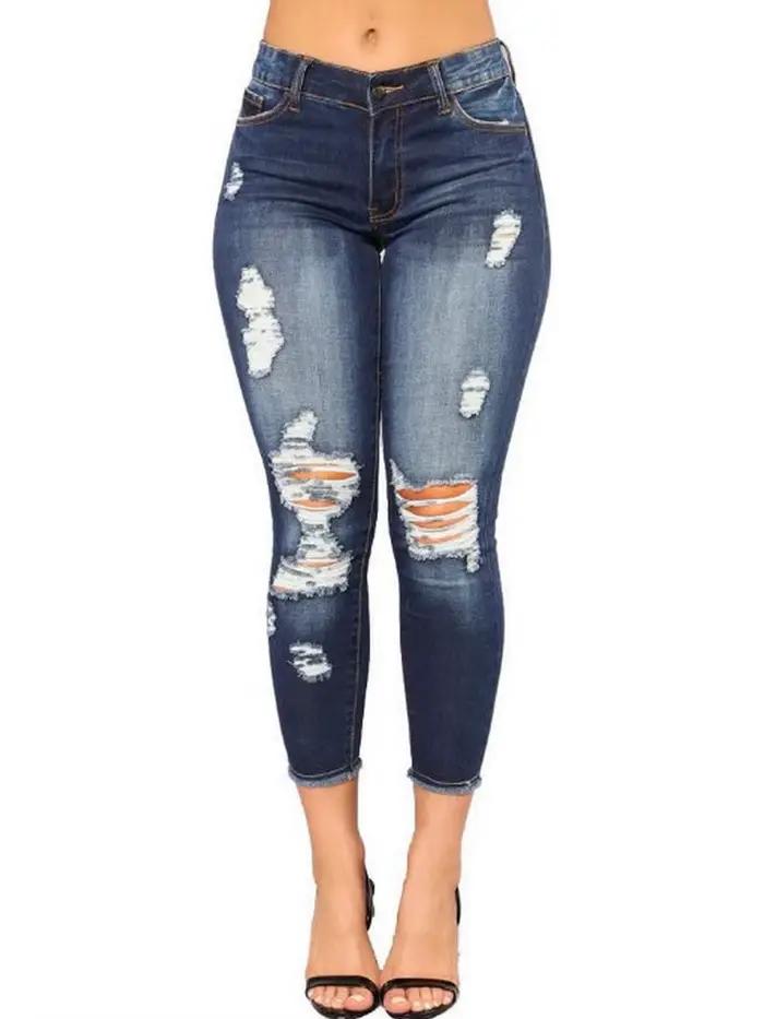 Jean Capri Femme Skinny Déchiré et Délavé en Denim Extensible Coupe Courte à la Cheville