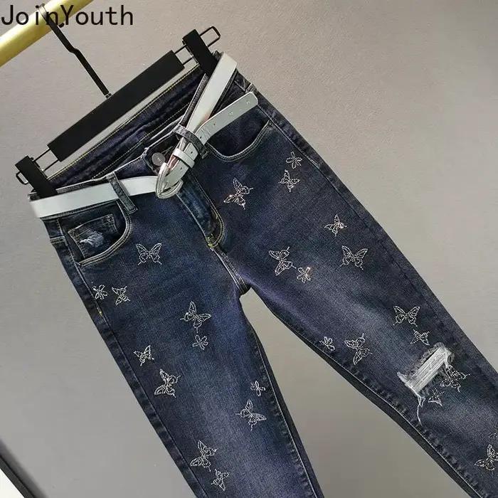 Jean taille haute femmes coupe ajustée mode crayon Pantalon Chic diamant déchiré