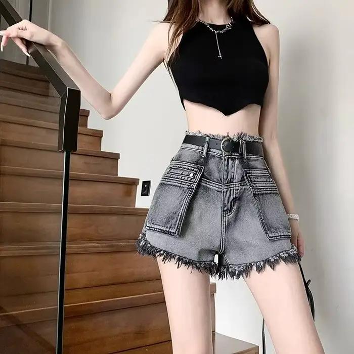 Pantalon court en Jean pour femme, taille haute, à franges, avec poches, Baggy, tendance, élégant, Y2k, Vintage, tenues chaudes, normales, 2025