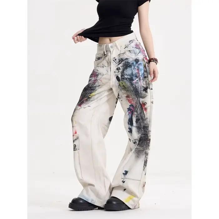 Jean imprimé à la mode, pantalon de nettoyage en denim avec graffiti rétro, style coréen ample hip hop jambes larges polyester 2025