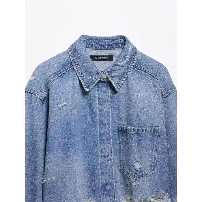 Veste courte en jean déchiré pour femmes
