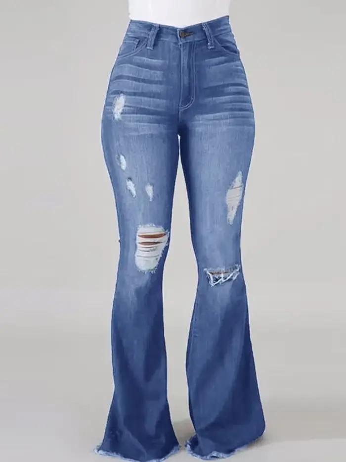 Entrejambe 32 "haut fille évasé déchiré cloche bas jean pour femmes taille haute Denim pantalon Bootcut extensible long