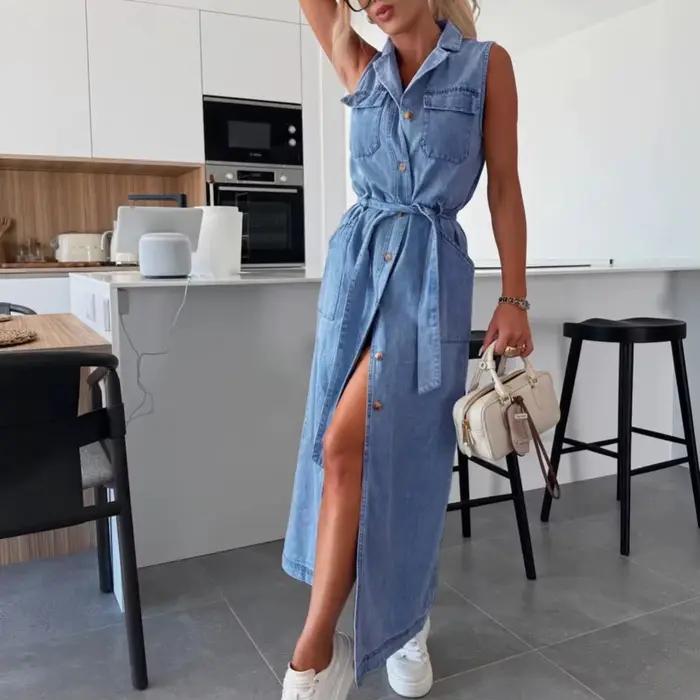 Robe chemise en jean pour femmes sans manches col rabattu ample boutonnée pour été décontractée chic et moderne occasions spéciales