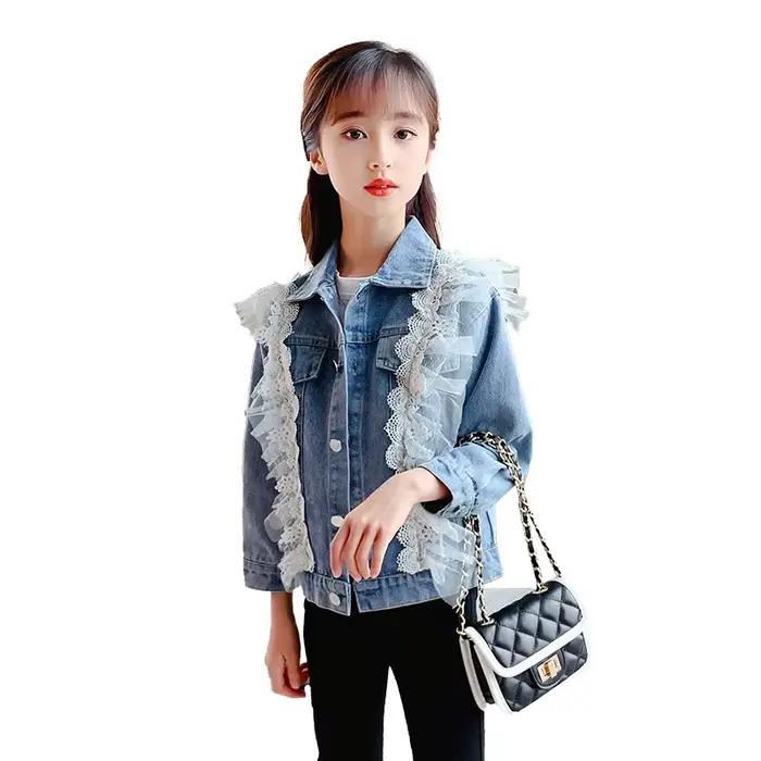 Veste en jean avec volants en dentelle pour filles