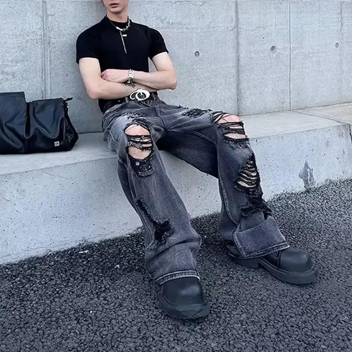 2026 Pantalon Jean Baggy Noir Vintage Y2K Grunge Déchiré et Empilé pour Homme