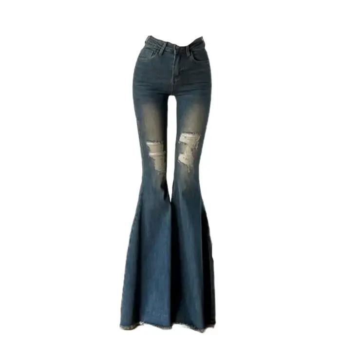 Jean en denim taille haute à pattes d'éléphant pour femme