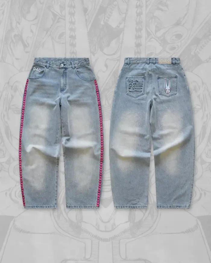Jean ample taille haute Y2K rose pour femme avec broderie cœur latérale