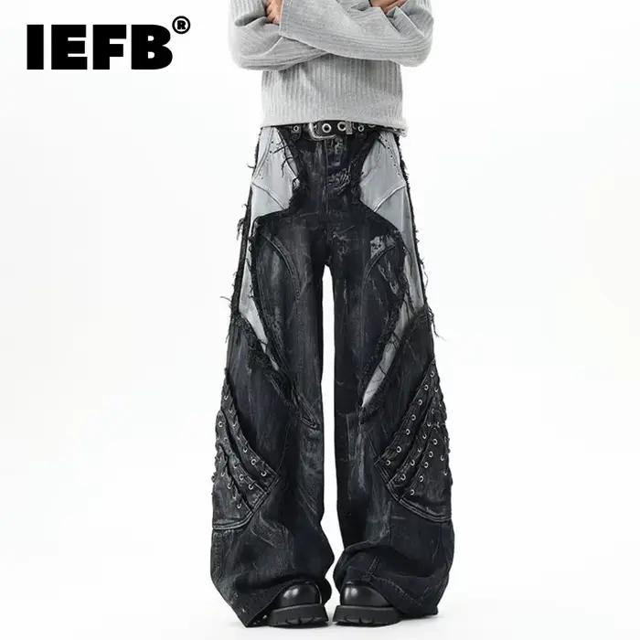 IEFB haute rue hommes Denim pantalon Patchwork contraste couleur cordon bord brut sale-teinture usé mâle jean nouveau 9X1768