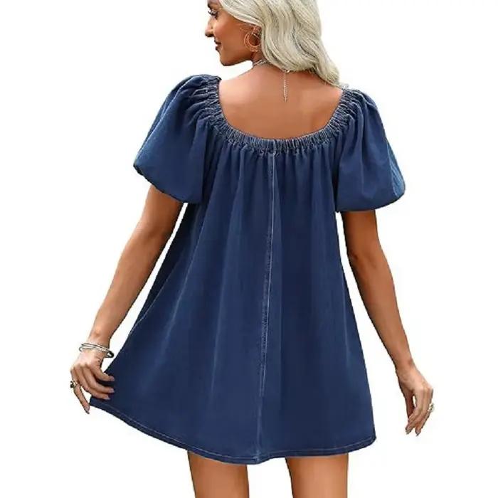    Femmes été Denim robes col carré manches bouffantes Jean Mini robe