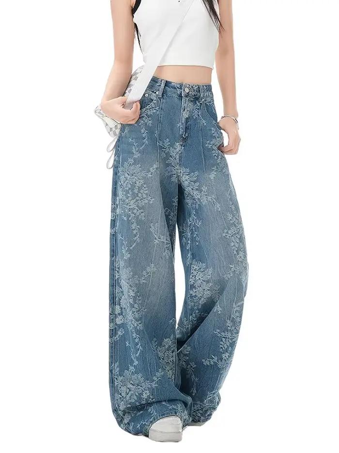 Jean imprimé à la mode, pantalon de nettoyage en Denim à fleurs rétro, style coréen, ample, Hip Hop, jambes larges, polyester, coupe ample, ajustement lâche, braguette zippée, été 2024