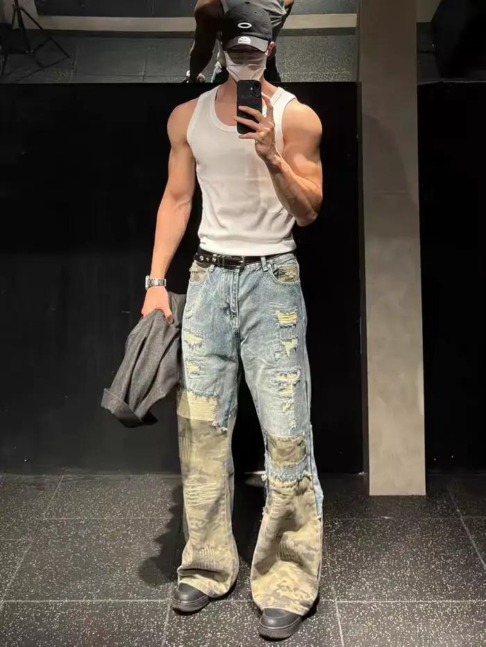POPDADA américain nouveau jean couture à la mode rue Vintage hommes et femmes pantalon ample tendance Ropa hombre