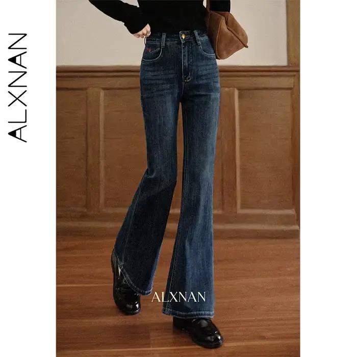 ALXNAN Jean bleu vintage taille haute en coton évasé pour femme