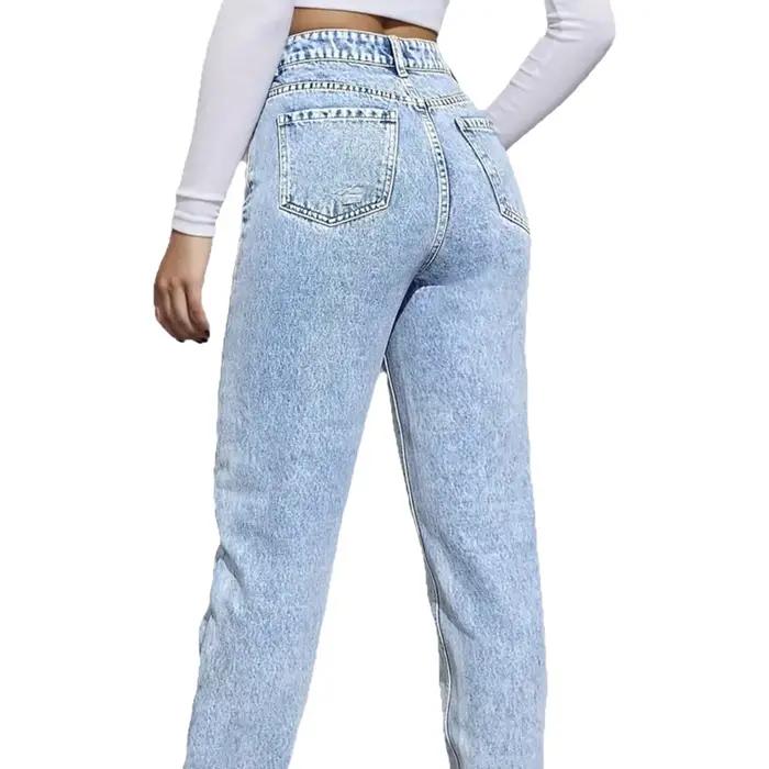 Jean slim fit pour femme, bleu clair, denim élastique, coupe droite, style tendance, quotidien, toutes saisons