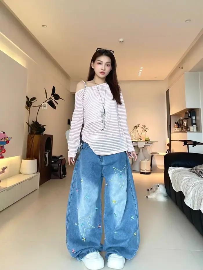 Jean brodé étoile Style de rue Vintage pour femmes