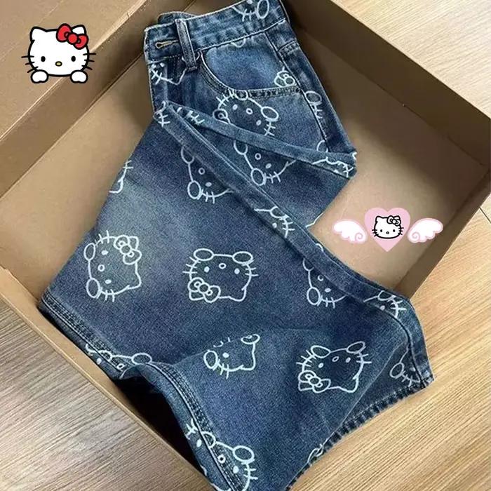 Kawaii femmes Hello Kittys imprimé jean Y2K filles dessin animé Denim pantalon mode taille haute jambe large
