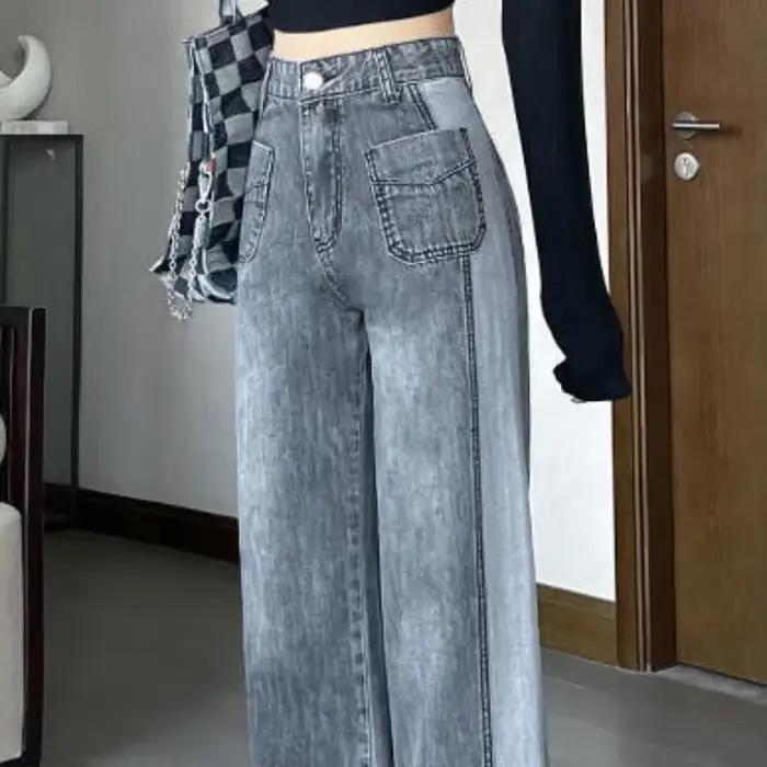 Pantalon en coton denim élastique gris pour femme, style années 90, poches boutonnées, ajustement lâche, pour toutes les saisons