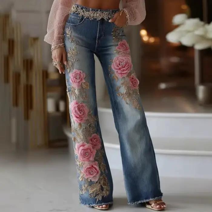 Pantalon évasé imitation denim brodé fleurs pour femmes style rétro basiques occasions formelles automne hiver
