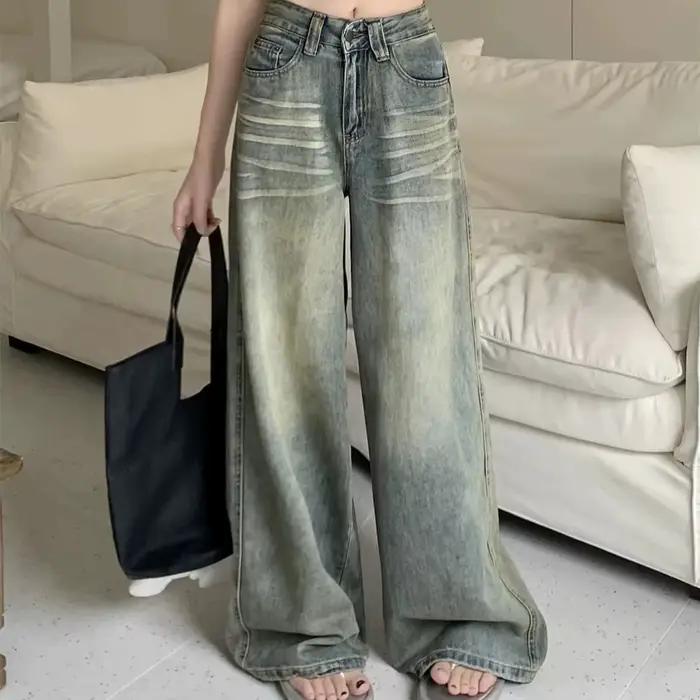 Y2K jean ample jambe droite femmes pantalon Baggy coupe large décontracté taille haute rétro lavé Style Vintage